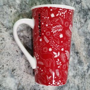 STARBUCKS 2019 16 OZ COFFEE MUG TEA CUP RED WHITE WITH DEER, RABBITS, FOX, BIRDS